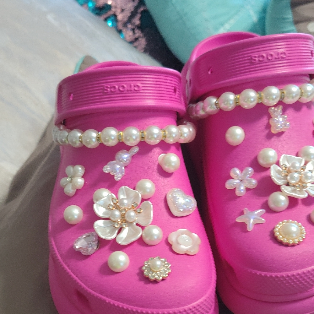 CROCS Pink and White Embellished Clogs
